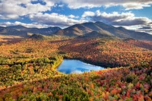 Scenic overlook of Heart Lake from Mt. Jo in the High Peaks area of the Adirondack Mountains in Upstate New York in fall.